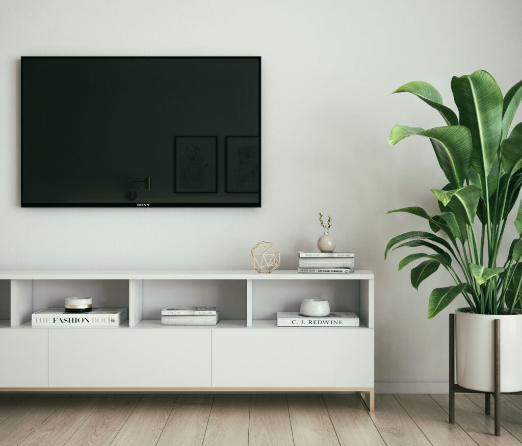 Televisión colgada en una pared de pladu